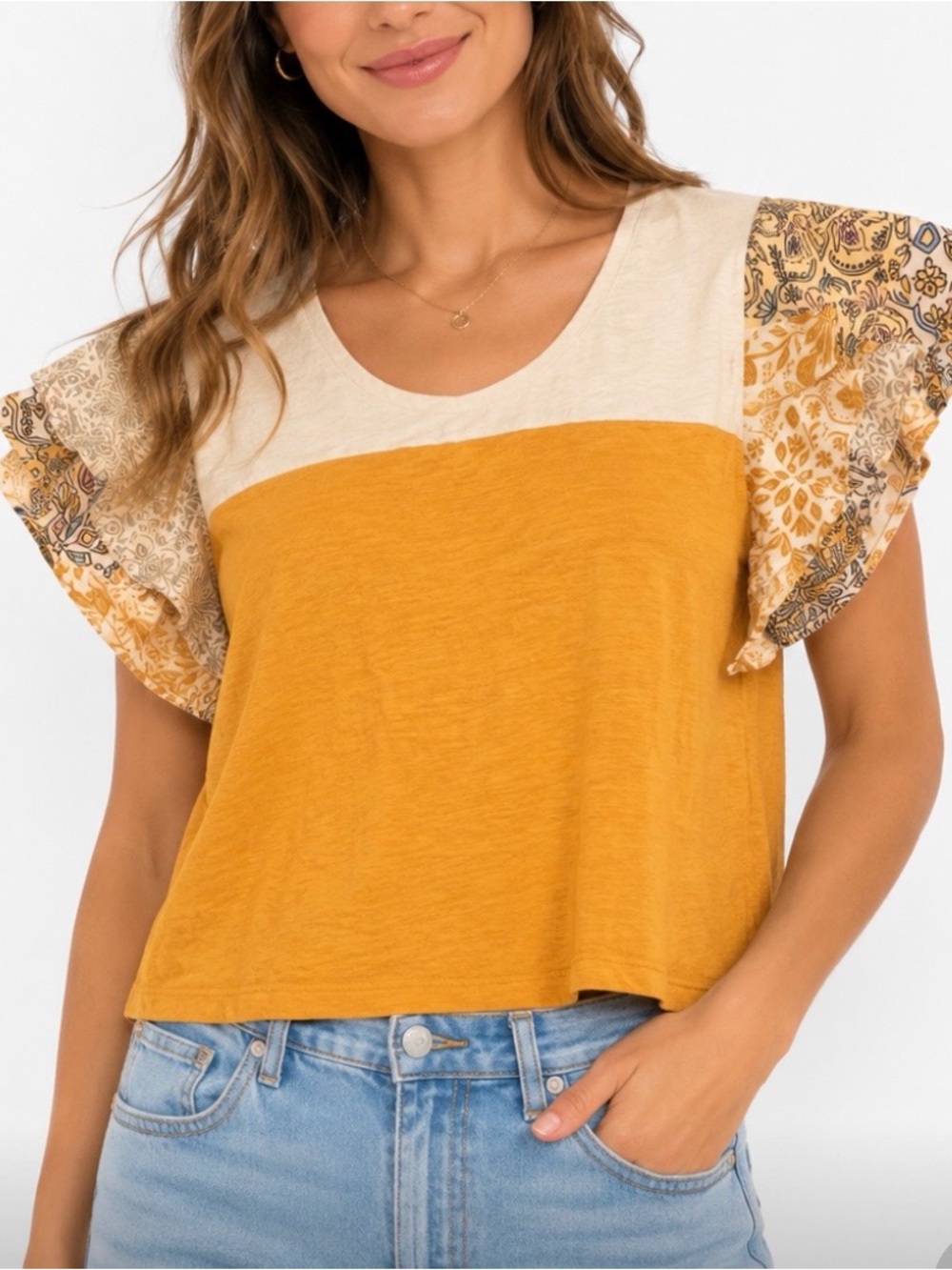 Umgee Mustard and Cream Flutter Sleeve Crop Top